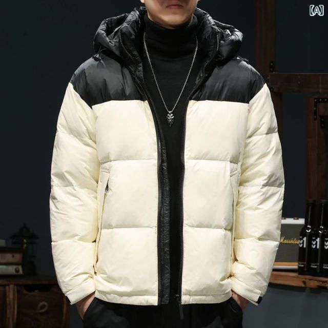 [XL]秋冬 コーデ メンズ  服 シンプル ファッション オシャレ 大人 かっこいい 大きいサイズ ストリート 紳士服 ハイエンド フード付き カラー ブロック ダウン ジャケット 厚手 暖かい ホワイ