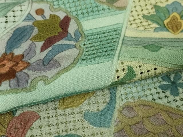 美品☆ 訪問着 袷 着物 汕頭刺繍 スワトウ 手刺繍 正絹 緑 多色 美品☆ 訪問着 袷 着物 汕頭刺繍 スワトウ 手刺繍 正絹 緑 多色