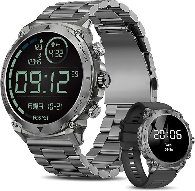 FOSMET LGW6 スマートウォッチ 丸型 メンズ 1.43インチ大画面 AMOLEDディスプレイ 常時表示 Bluetooth5.3 通知/通話機能 iPhone アンドロイド対応 IP68防水 スポーツモード＆文字盤設定 付属ベルト2本(ブ