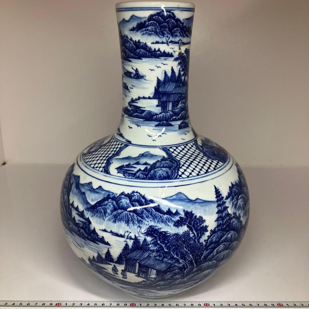 大清康熙年製 青花大花瓶 高さ38cm 東H6-0406 タサオ