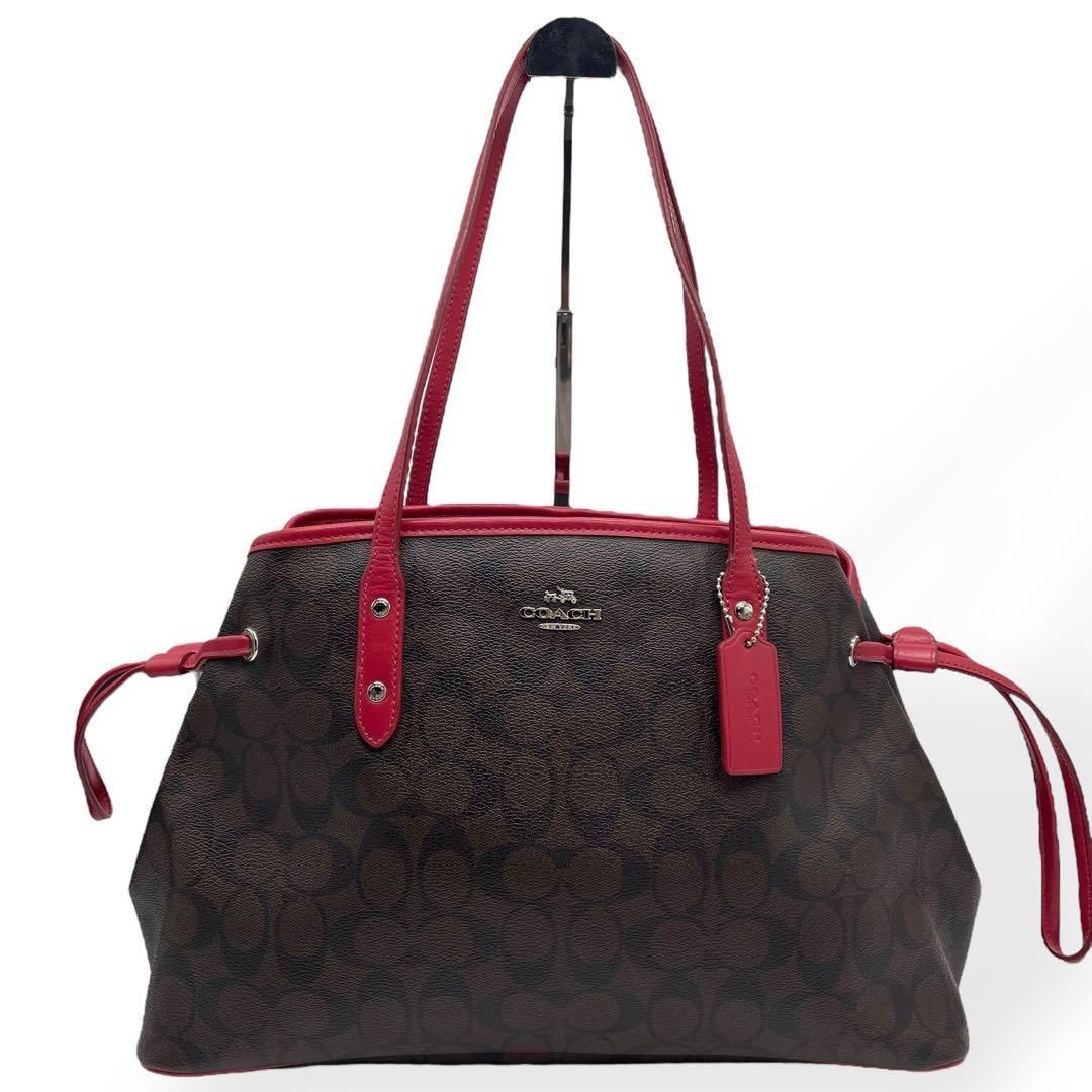 希少✨ コーチトートバッグ A4収納可 シグネチャー ブラウン 肩掛け レザー 良品 COACH トートバッグ シグネチャー 肩掛け可能 A4 ブラウン