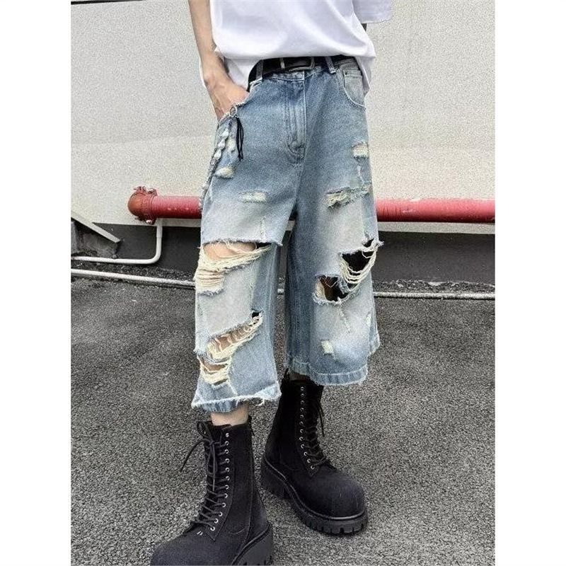 ダメージ ハーフパンツ デニム カジュアル系 お洒落 ストリート ストリート系に！メンズダメージデニムハーフパンツ 個性派