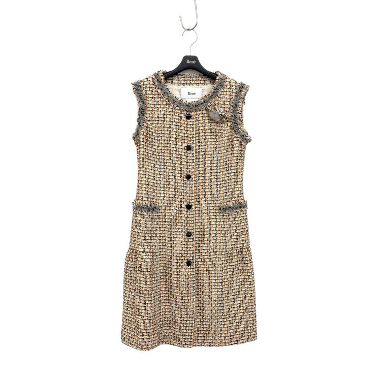 Rene ルネ ツイード ワンピース ブローチ付 ブラウン グレー 36