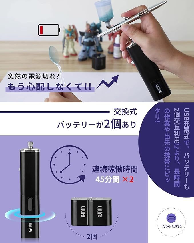 urlife エアブラシ バッテリー交換式 充電式 2個バッテリー付き HPADB コンプレッサー セット 稼働時間を2倍に 自動電源ON/OFF  軽量 持ちやすい エアーブラシ - メルカリ