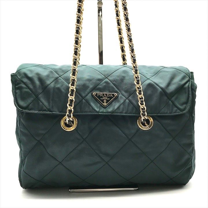 良品 PRADA プラダ 三角ロゴ プレート キルティング ナイロン チェーン