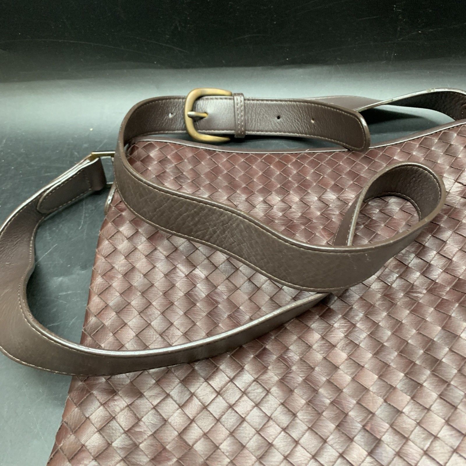 P454 ESTINE エスティーヌ 本革 ダークブラウン レザー編込み メッシュ