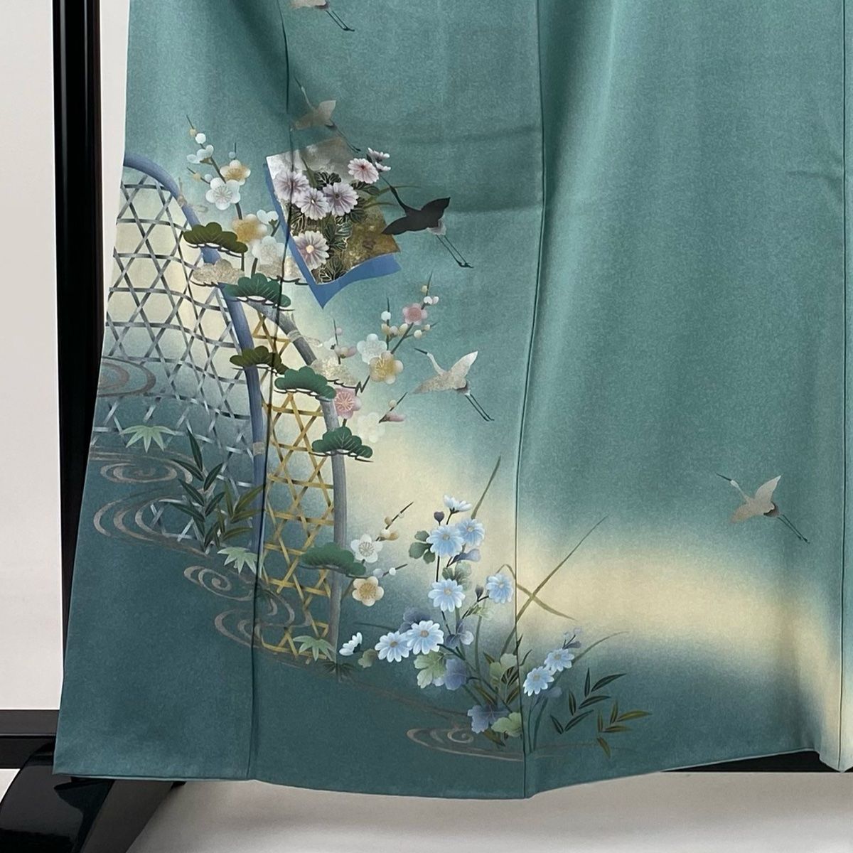 訪問着 身丈160cm 裄丈67cm M 袷 鶴 松竹梅 金銀彩 ぼかし 薄緑