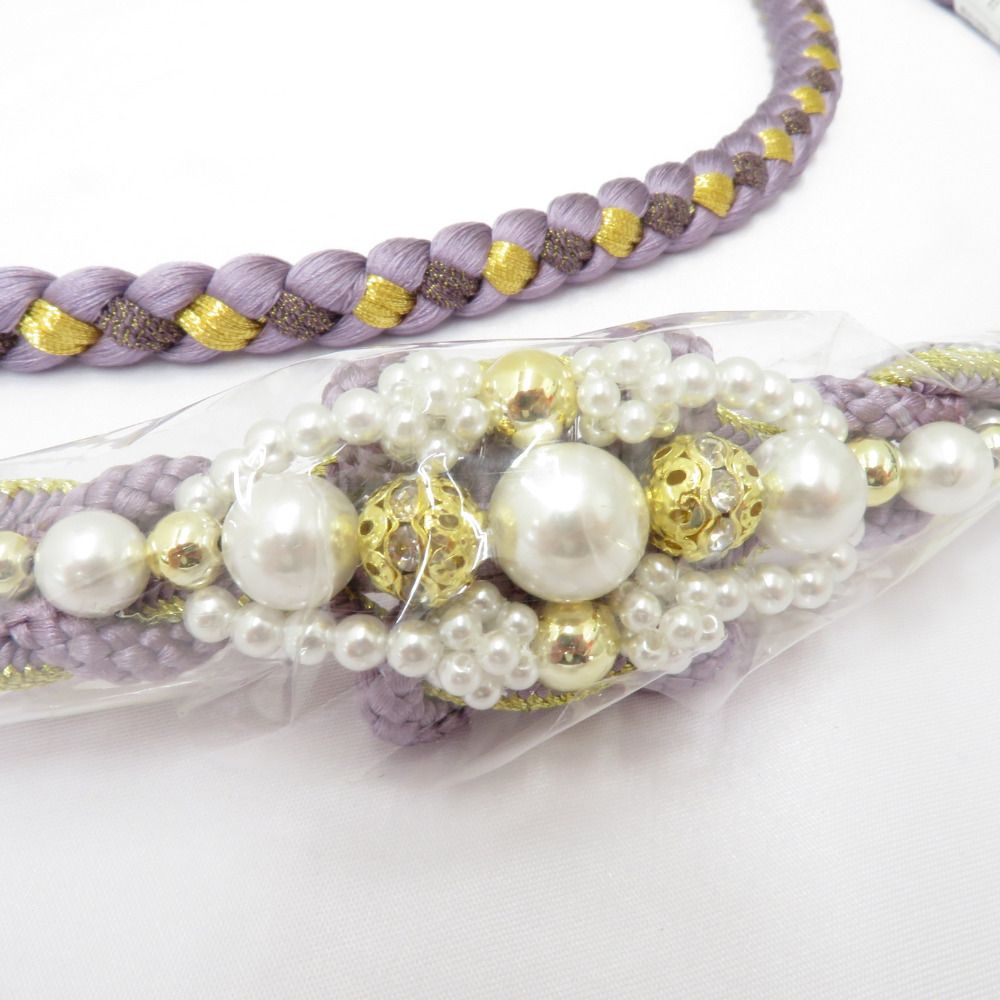 帯締め 振袖用 帯〆 ラベンダーカラー×金色 パールビーズ 飾り付き 撚り房 金糸 絹100% 丸組 成人式 卒業式 和装小物 長さ175cm 新品 【キモノオフ野々市若松店】 帯締め 振袖用 帯〆 ラベンダーカラー×金色 パールビーズ 飾り付き