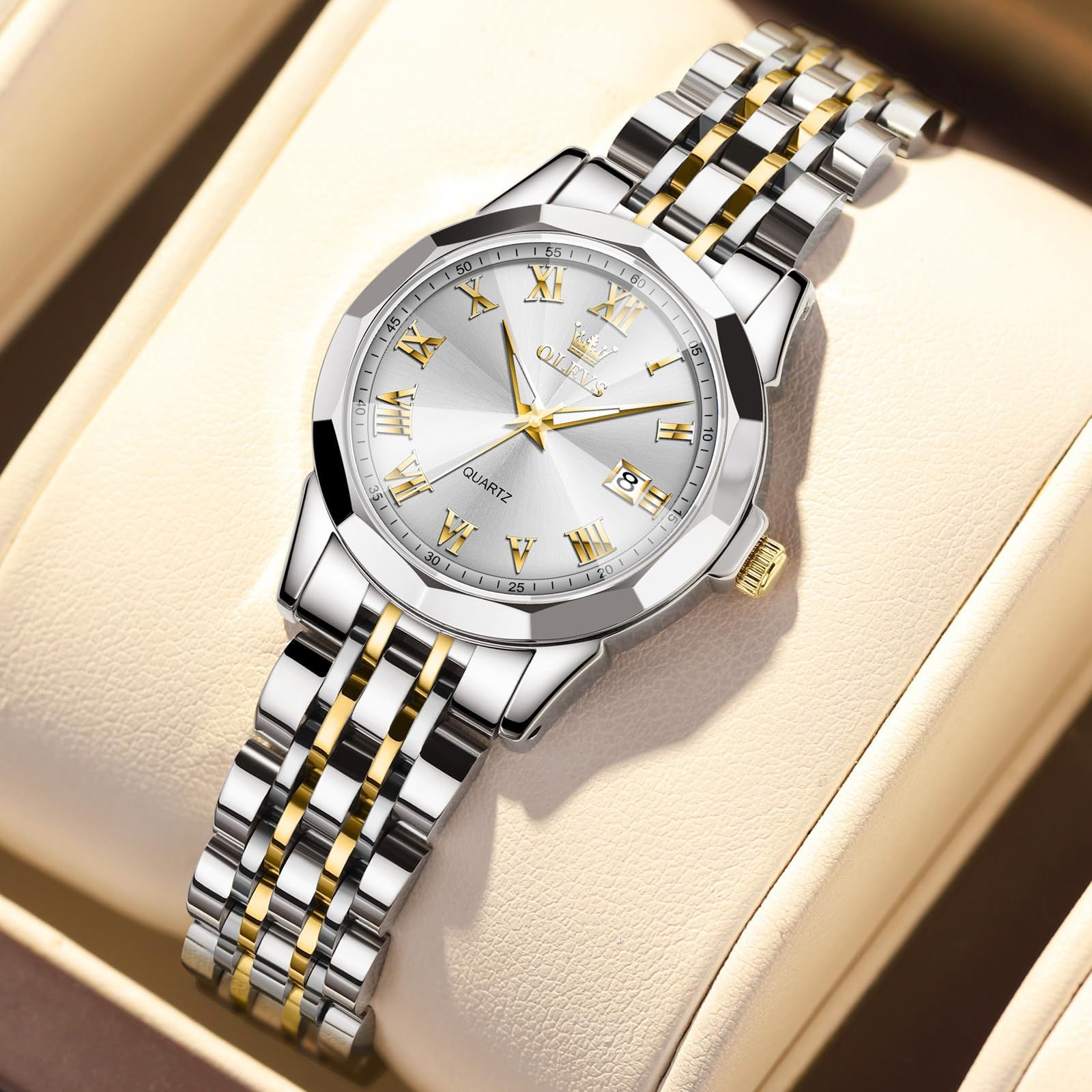  クリスタル 銀文字盤 Watch 耐圧ウォッチ Women 日付 女性用うで時計 ステンレスバンド かわいい ゴールドホワイト メタル アナログクオーツ おしゃれ カジュアル ファッション 小さい時計ビジネス レディース 見やすいうで時計 防 腕時計 キッズファッション小物