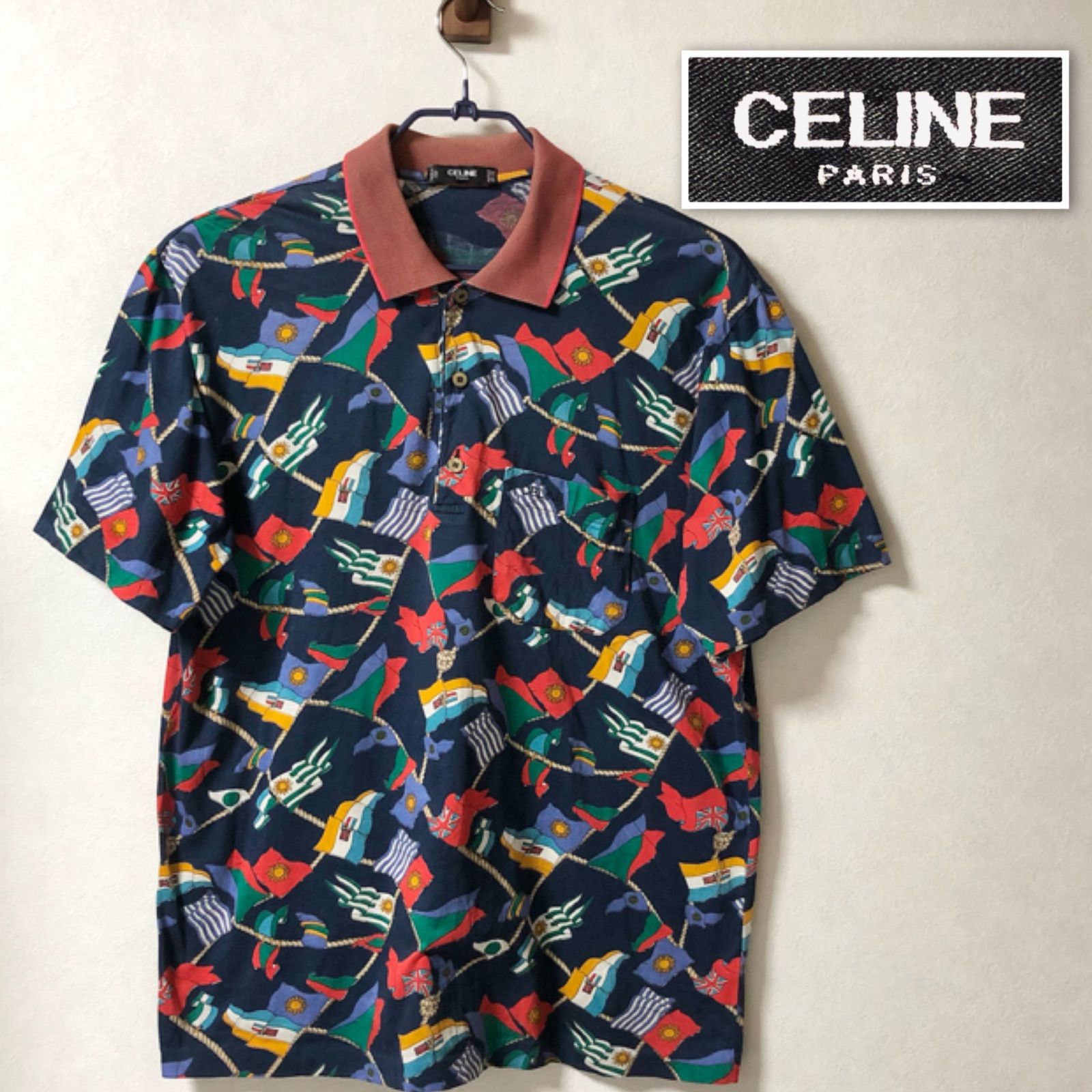 ◎Italy製 CELINE 国旗柄 総柄 半袖 ポロシャツ L マルチカラー CELINE セリーヌ 半袖ポロシャツ 国旗柄 総柄 sizeL イタリア製