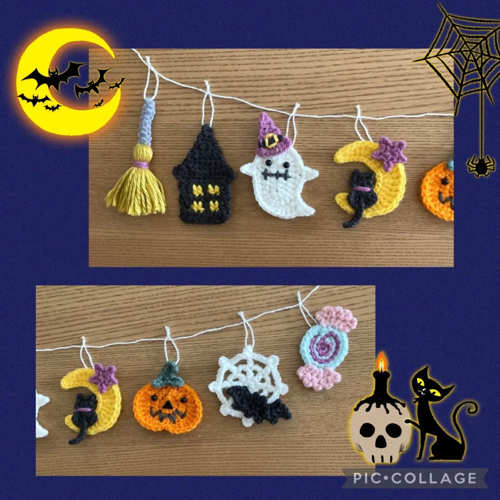 ハロウィンガーランド　魔女帽子のゴースト　手編み　ミニチュア ハロウィン ガーランド 壁面飾り 魔女帽子のゴースト 手編み