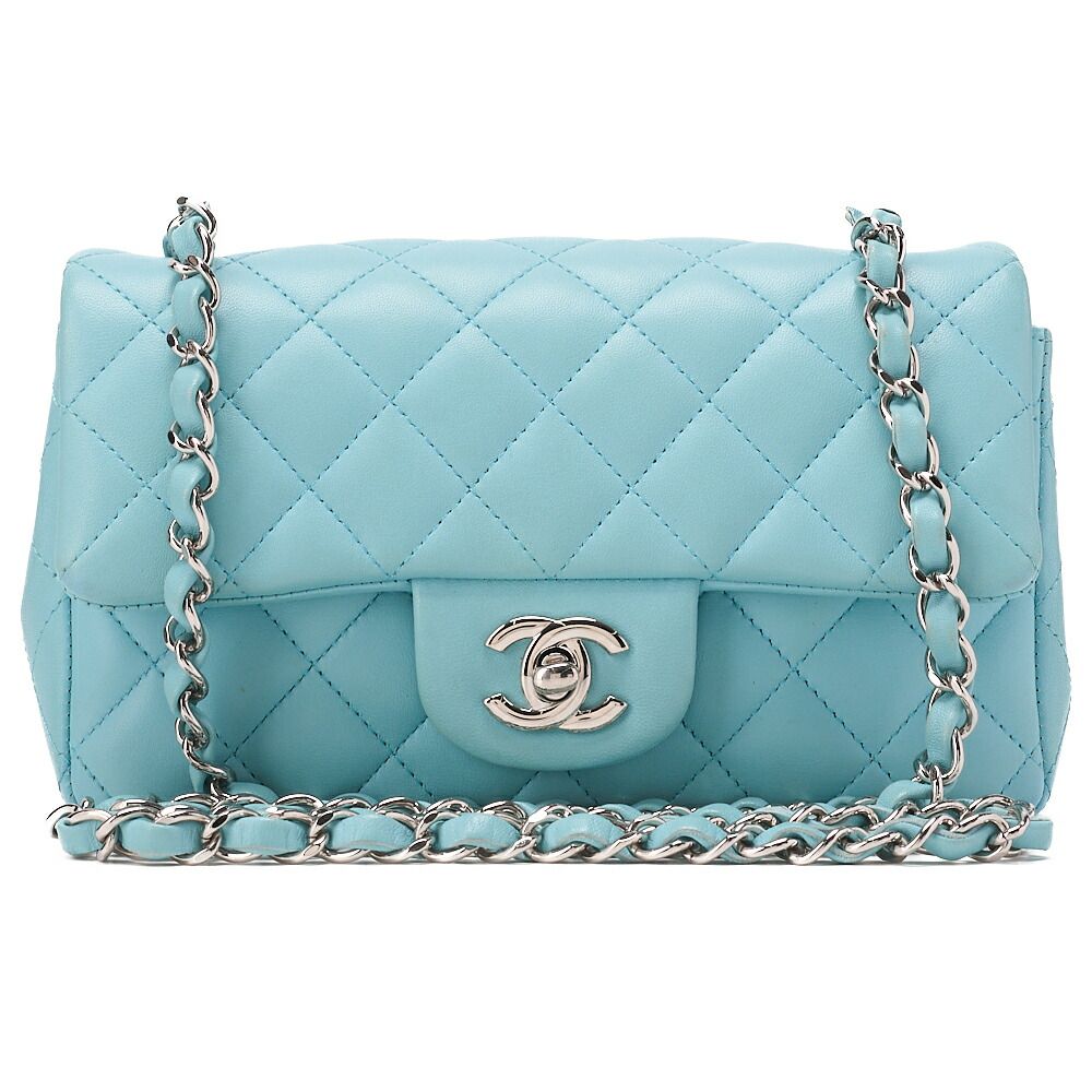 CHANEL シャネル チェーンショルダーバッグ ミニマトラッセ 20cm ラムスキン シングルフラップ ターンロック ライトブルー シルバー金具 レディース 送料無料