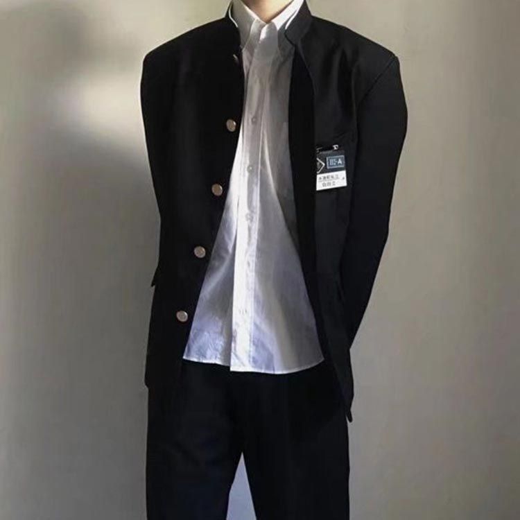  ウエストゴム 学生服 学ラン 2点セット メンズ 学生服 ブレザー 男子 上下セット ラウンド襟 詰襟 上着 ジュニア ボーイズ スクール ジャケット スラックス 長ズボン 高校生 中学生 通学 黒#cjfj143338