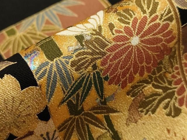 美品 豪華 古典模様 鶴 菊 松 竹 金彩 金駒刺繍 袷 正絹 振袖 着物 黒留袖 金駒刺繍 正倉院花文 金彩 正絹 袷 裄65 IS956
