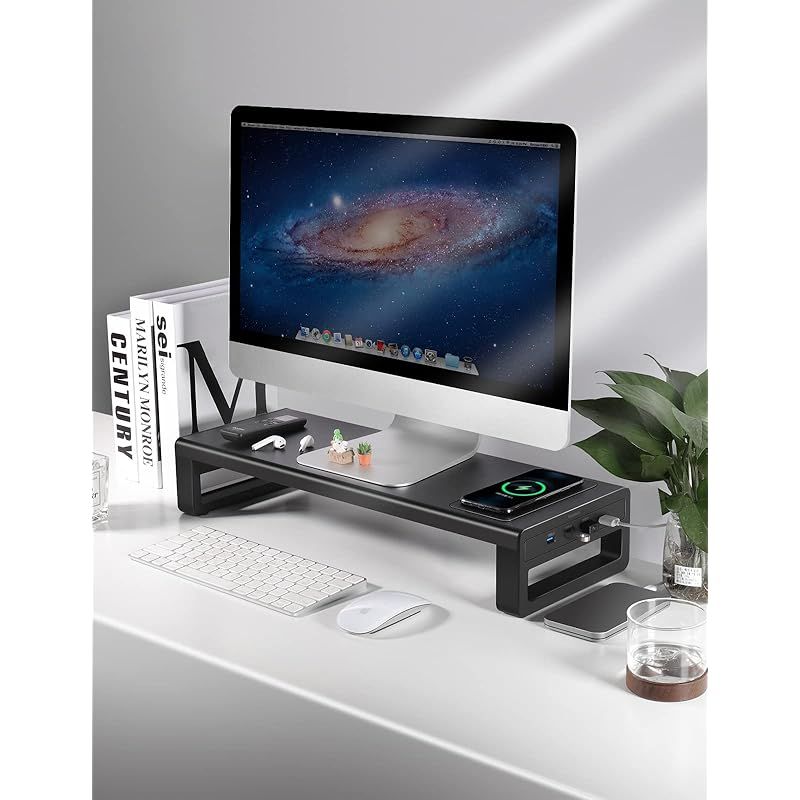  VAYDEER モニター台 USB 3.0 ディスプレイ スタンド ワイヤレス充電機能 パソコン 机上台 卓上 高速データ転送 キーボード収納 プリンタ 金属製 ブラック 幅54 cm 0 周辺機器 Wii