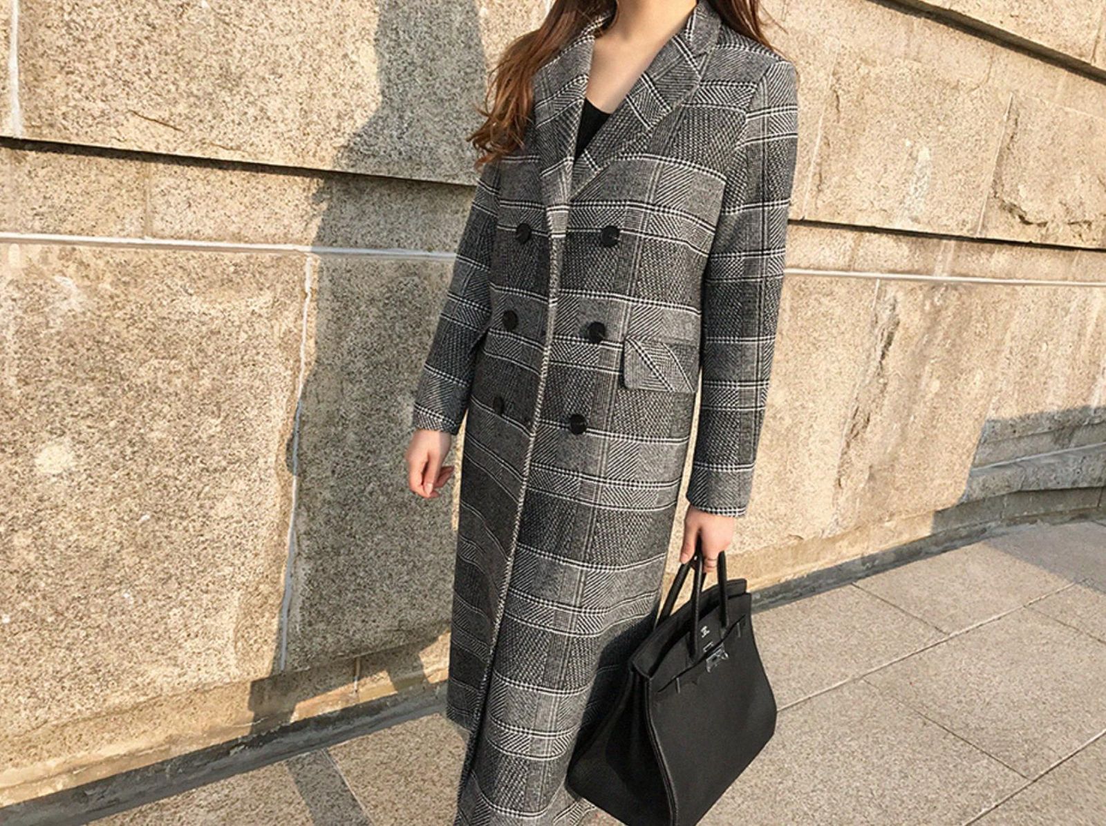 アウター 秋冬ロングチェック柄ウールコート