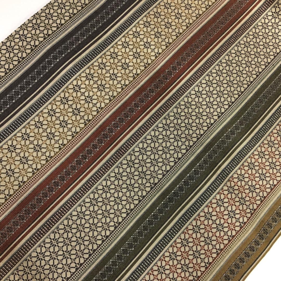 名古屋帯 縦縞に花柄模様 絹鼠色 O-5460