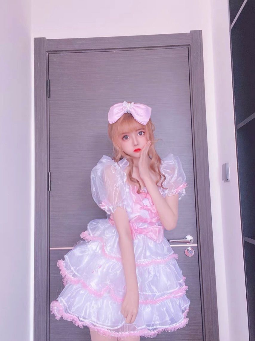 アイドル衣装 ピンク×白 ワンピース オリジナル ハンドメイド コスプレ衣装 *