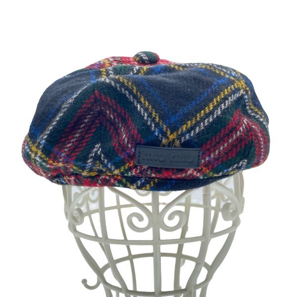 爽やかな ● ミュウミュウ MIU MIU タータンチェック柄ベレー帽 帽子 ハット 黒 ブラック マルチカラー ウール100％ M レディース 5E051 人気アイテムお得に購入！