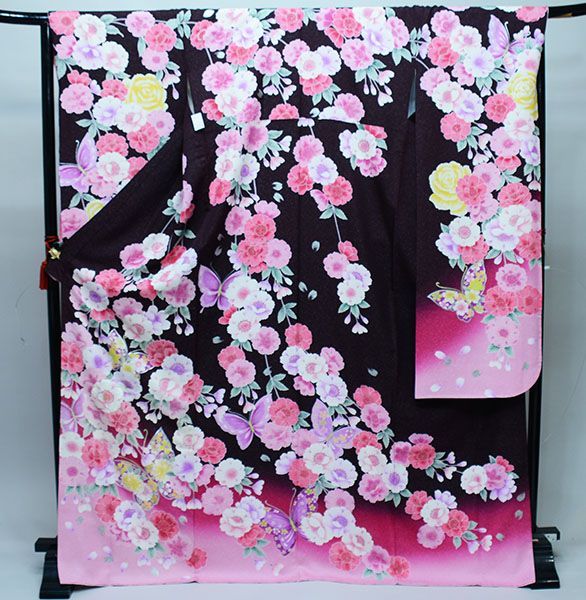 振袖 正絹 着物 単品 仕立て上がり 百花繚乱 ラメ入り 花と蝶 茶系 