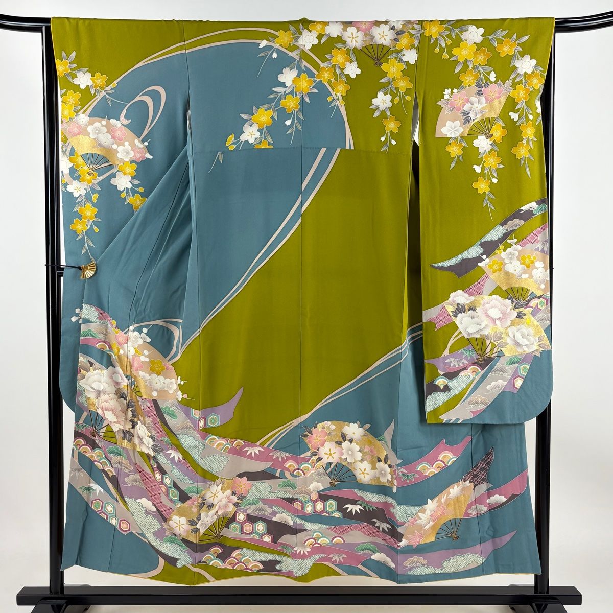 高級 振袖 青色 花柄 身丈172.5cm 裄丈67cm M 牡丹松竹梅金彩 振袖 身丈152.5cm 裄丈65cm M 袷 扇 松竹梅 金銀彩 染め分け 青