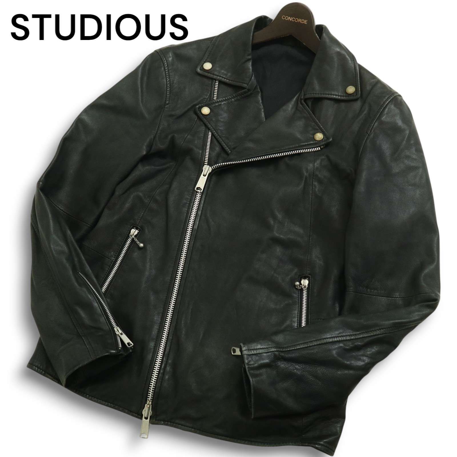 STUDIOUS レザージャケット シングルライダース ノーカラー 羊革　3 STUDIOUS レザージャケット ノーカラー シングルライダース 羊革 3