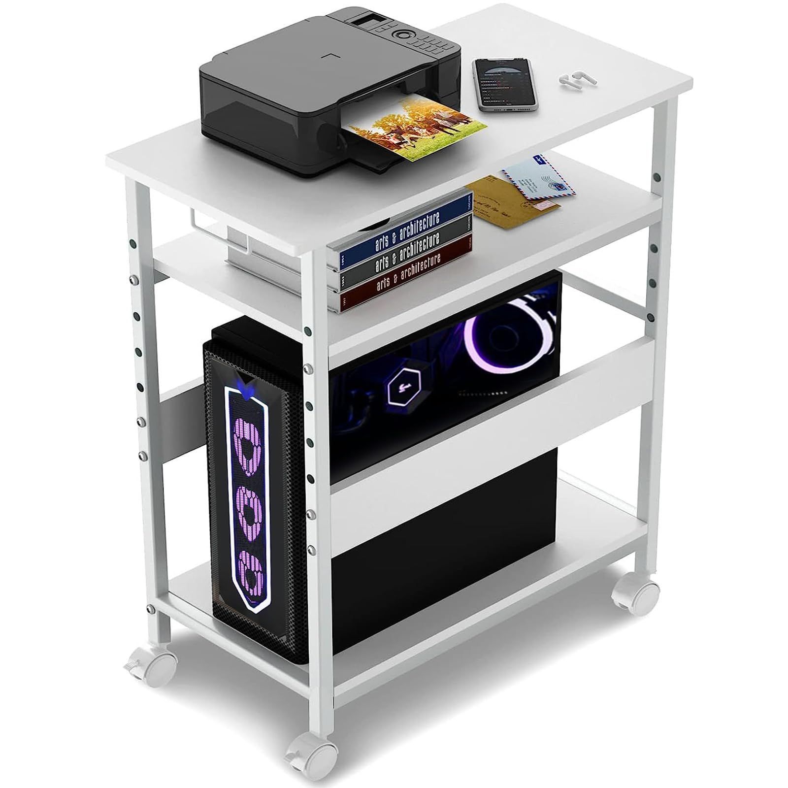 【新着商品】袖机 プリンター台 パソコンラック デスクサイド収納棚 木製 ストッパー付き pcラック キャスター付き 棚板高さ調節可能 サイドワゴン 移動便利 CPUワゴン PCワゴン 幅300*奥行600*