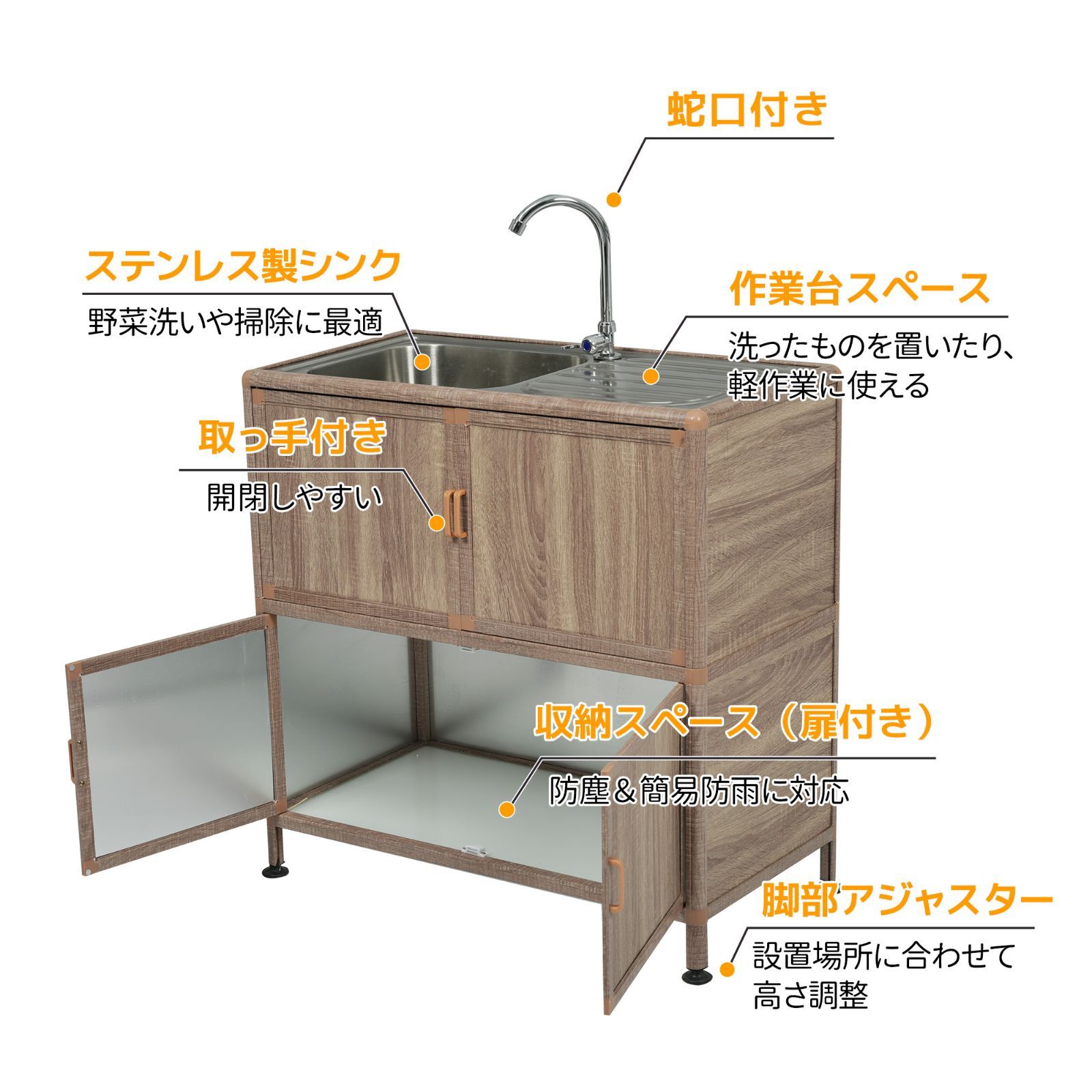 屋外 流し台 ステンレス W83×D43×H109cm 組み立て簡単 収納棚付 流し台 屋外 ステンレス W83×D43.5×H109.5cm ガーデンシンク