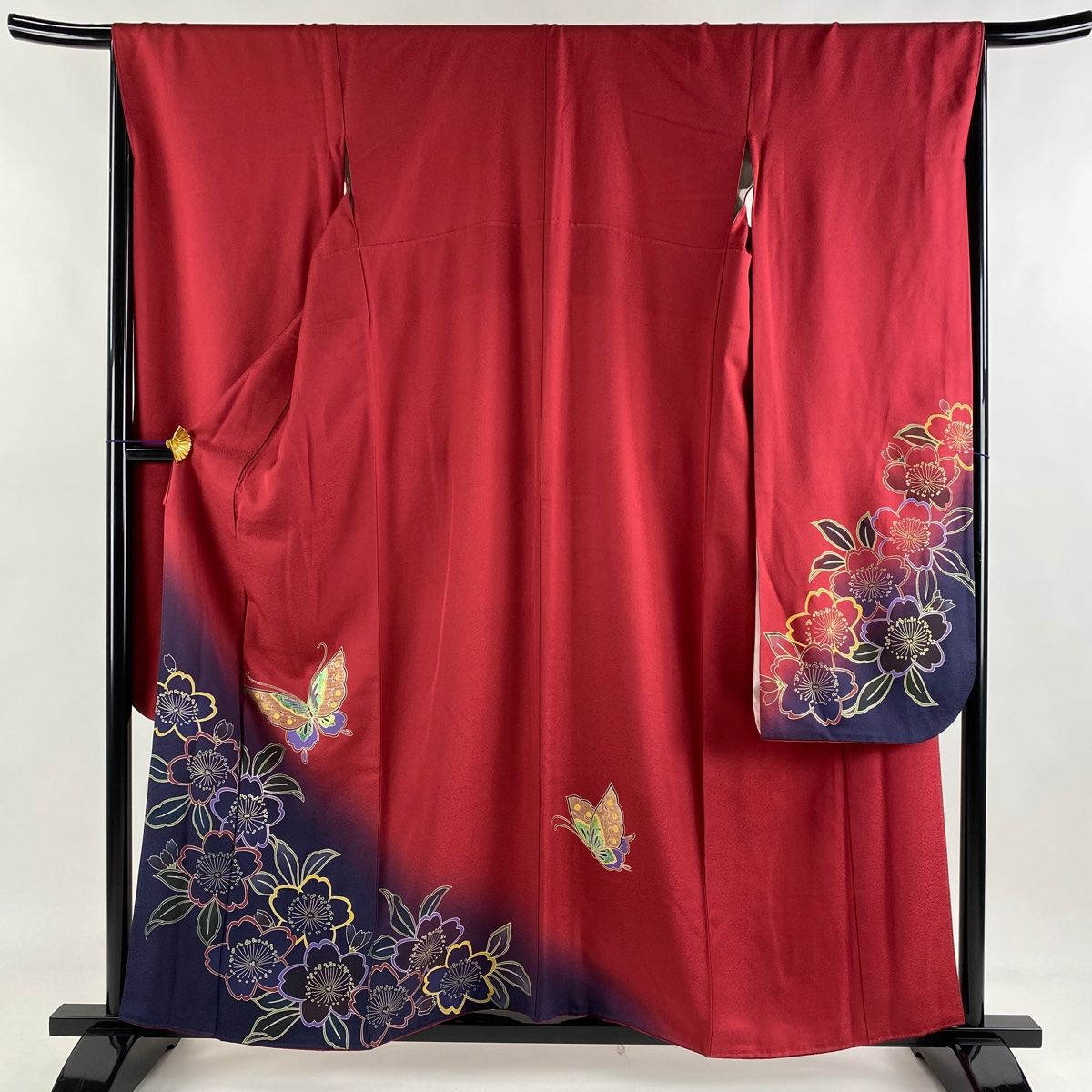 振袖 身丈162cm 裄丈66cm M 袷 桜 蝶 金彩 箔 赤 正絹 美品 名品-