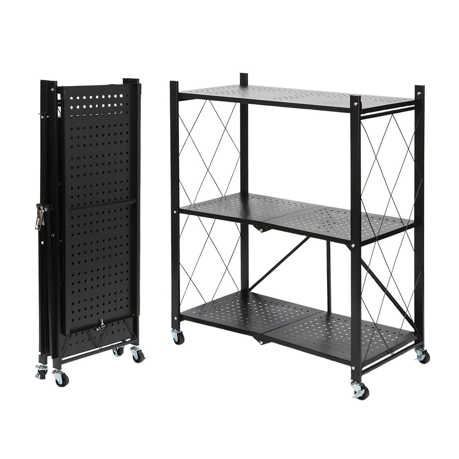 Size 三階_Color ブラック seacall 折り畳み メタルラック 折りたたみラック 3層 幅70CM 折りたたみ収納ラックメタルラック 折り畳み棚 360°キャスター付きで移動 設置不要 家庭用収納ラック キッチン 寝室 応接間 書斎などに 黒