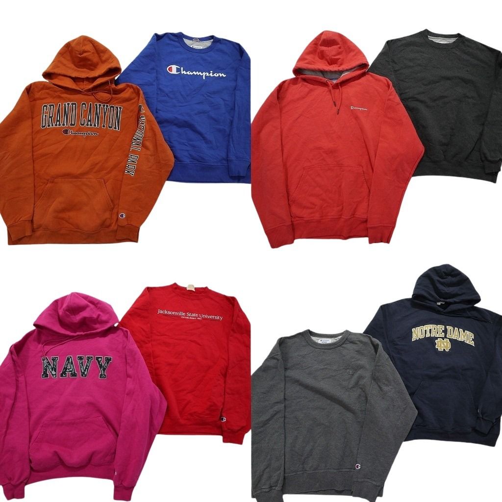 古着卸 まとめ売り チャンピオン Champion スウェット 8枚セット メンズ L フーディー カレッジ風 アーチロゴ NAVY 古着 NC0958