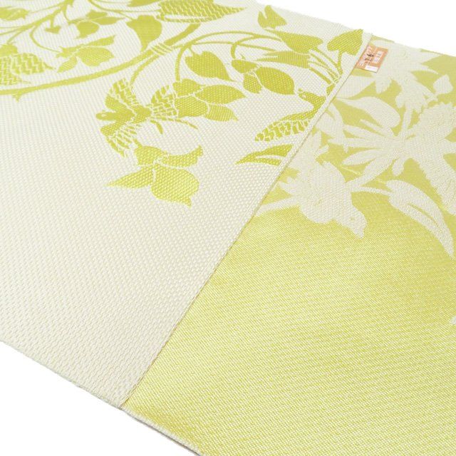 未使用品 名古屋帯 博多織 芥子色 長さ3m49cm 唐花 普段着 正絹 名古屋帯 未使用 本場筑前博多織 黒木織物 全通 八寸 白 薄青 灰