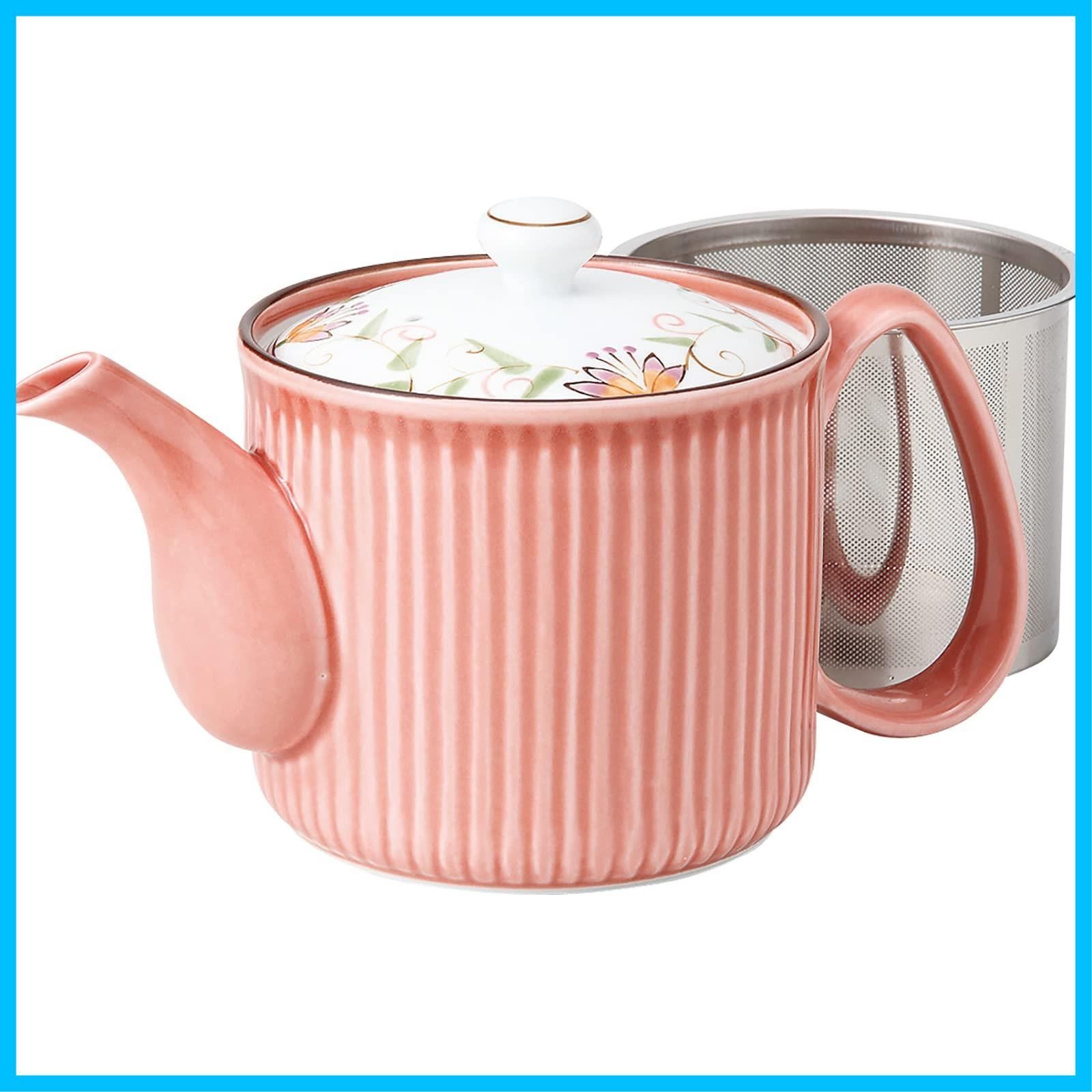 【特価セール】花連柄 赤色 大) スーパーステンレス 茶こし付) 軽量 容量約470ml ポット 日本製 波佐見焼 12738