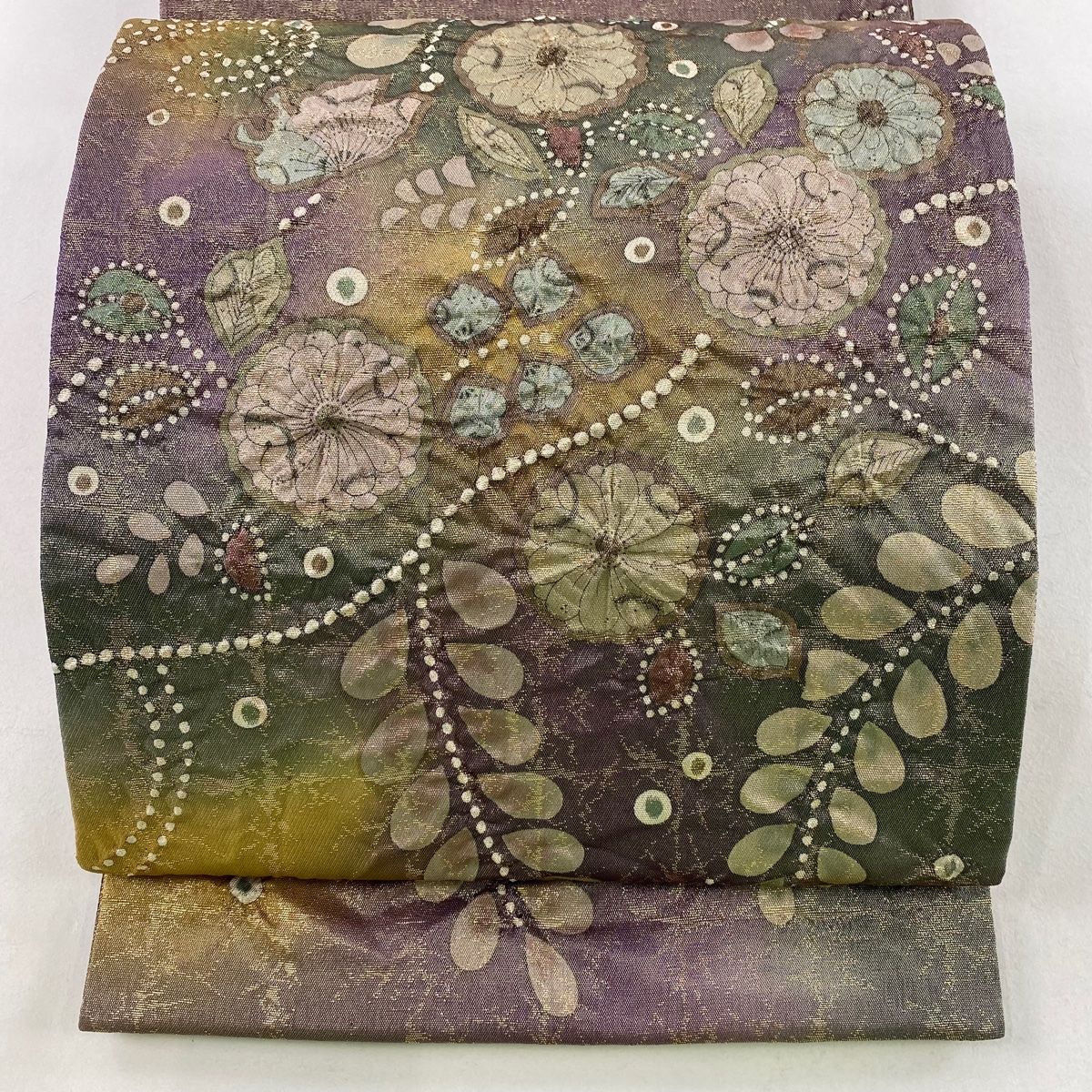 袋帯 秀品 落款 辻が花 茶紫 お太鼓柄 正絹