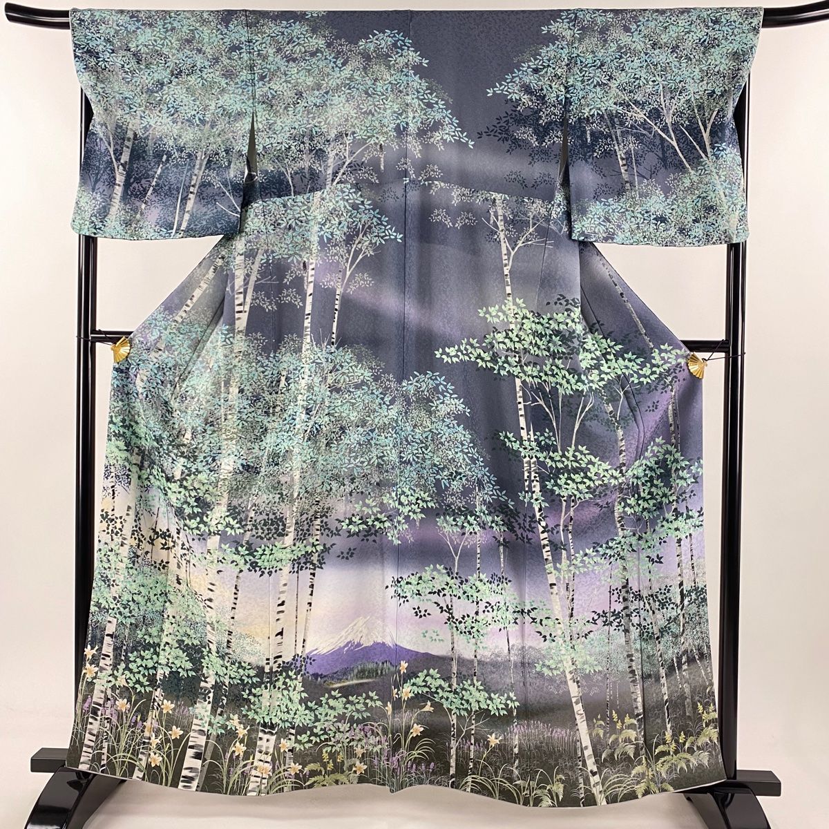 訪問着 身丈161.5cm 裄丈67.5cm L 袷 富士山 樹木 銀通し ぼかし 青紫 正絹