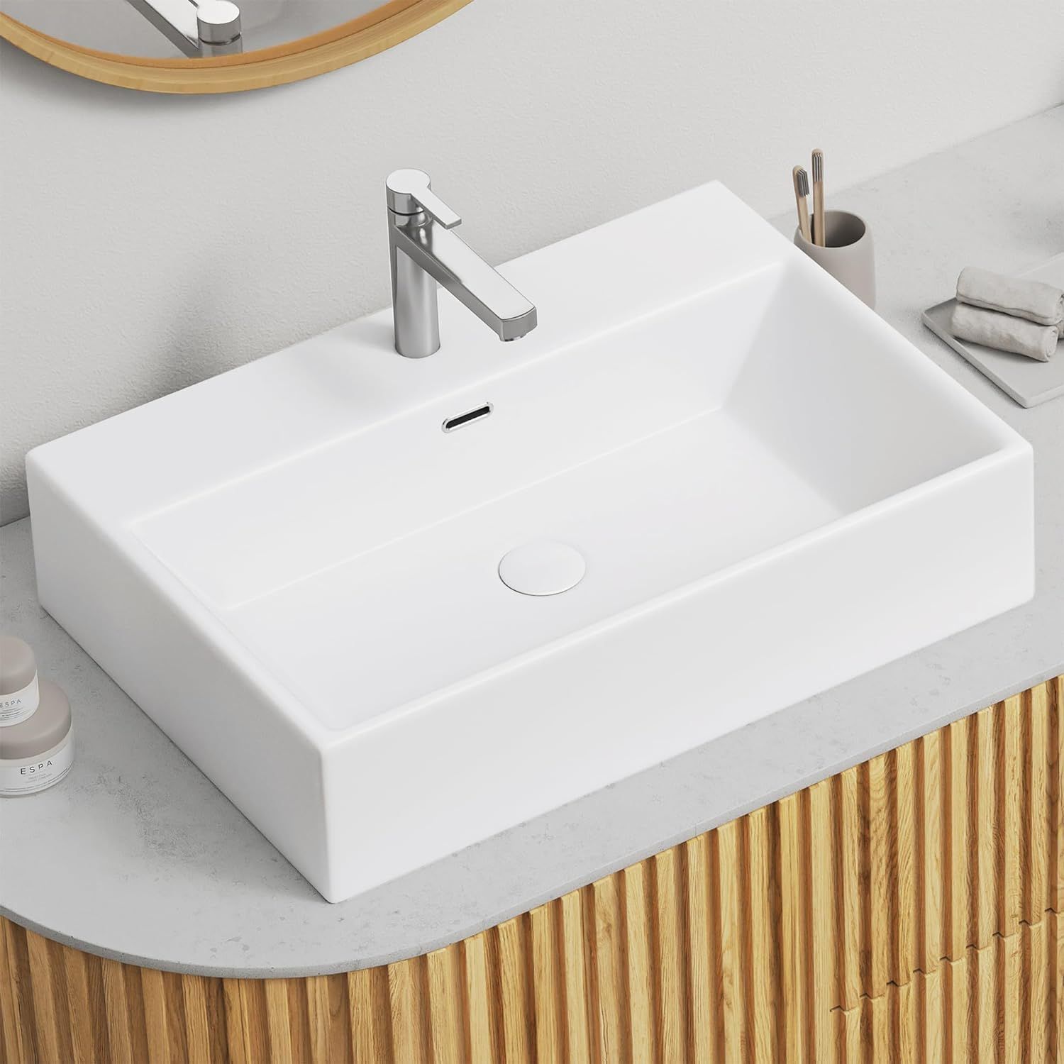 【人気商品】置き型 長角型 シンプル 洗面器 手洗器 豪華 深型 陶器 洗面台 洗面ボウル (60*42*13CM) 【排水セット付き】