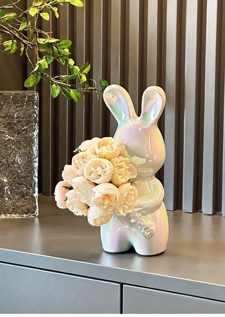 花瓶 花びん セラミック おしゃれ 花束を持っているウサギ うさぎ ラビット ホワイト シルバー 2 ユニーク 置物 オブジェ インテリア雑貨 花器 生け花 装飾 玄関 リビング ダイニング WWW_GEBZETESISAT_COM_TR