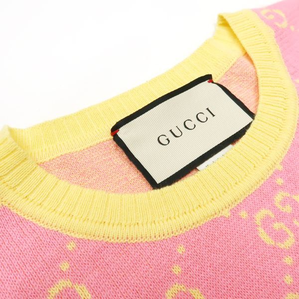 GUCCI 半袖ニット カットソー GG柄 Mサイズ ピンク×イエロー 501371 綿 
