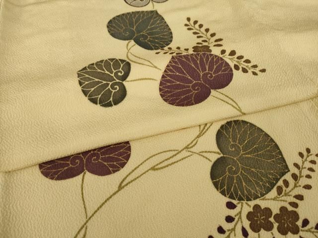 平和屋着物●上質な小紋　友禅　葵に梅　金彩　鬼しぼ縮緬　三越扱い　正絹　逸品　AAAZ4867ck 平和屋着物○上質な小紋 友禅 葵に梅 金彩 鬼しぼ縮緬 三越扱い 正絹