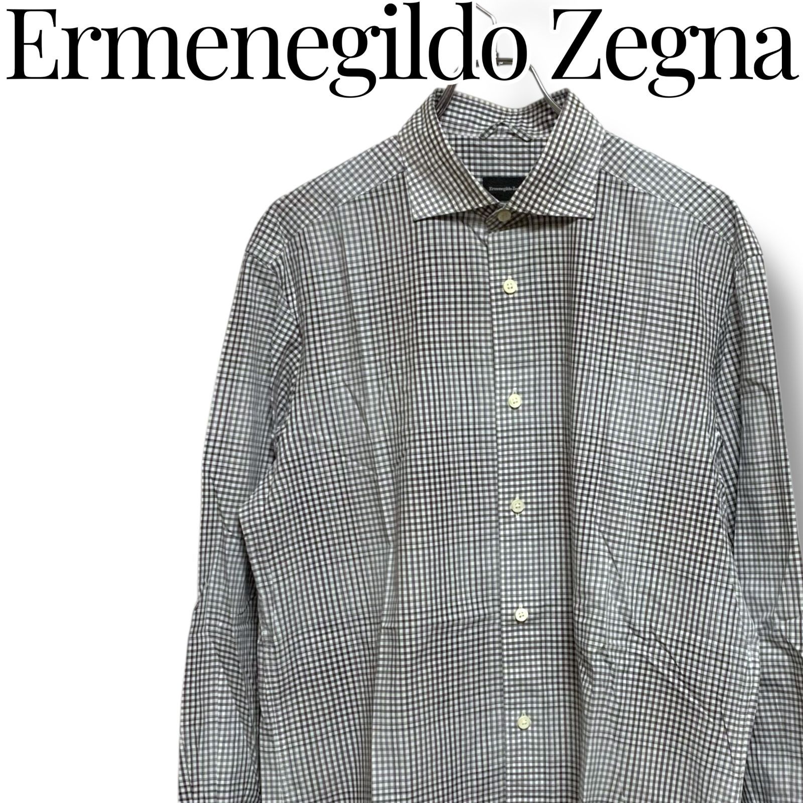 Ermenegildo Zegna エルメネジルド ゼニア 白黒 チェック柄 長袖シャツ コットン トルコ製 サイズ41 Lサイズ相当 メンズ ビジネス カジュアル ブランド 上質素材 001097H