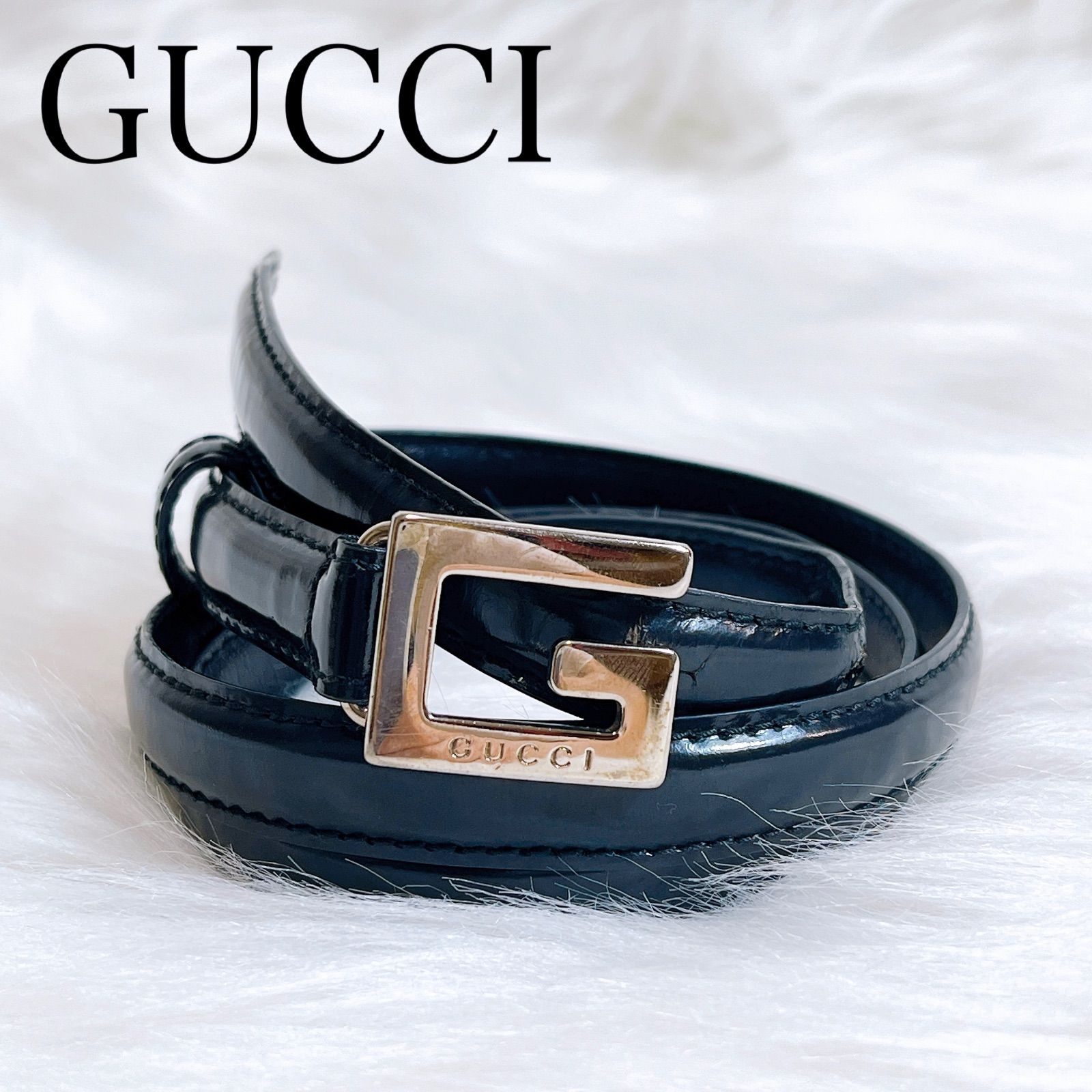 【美品】GUCCI ベルト シルバーバックル 細ベルト パテントレザー  黒 美品】GUCCI ベルト シルバーバックル 細ベルト パテントレザー