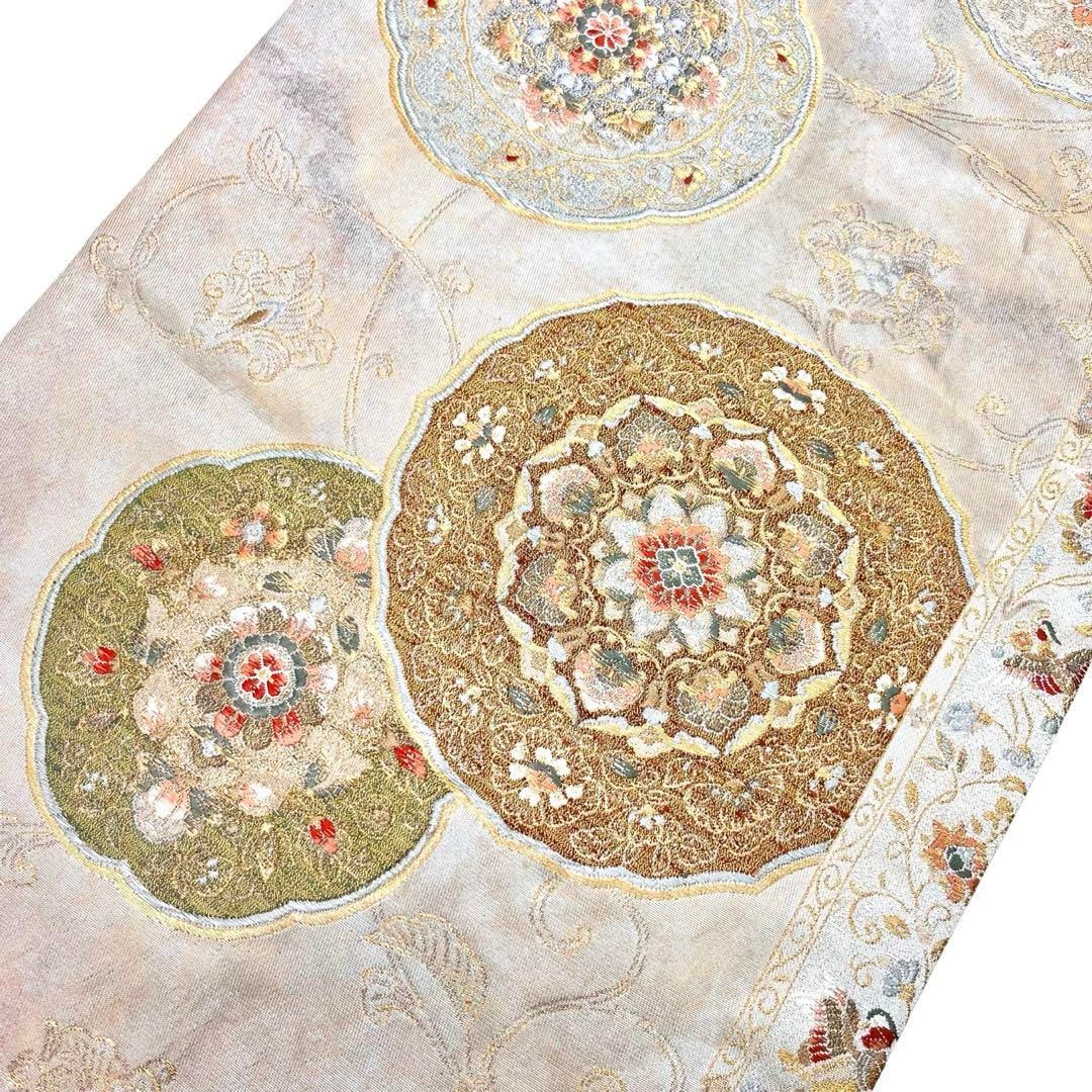 袋帯 紅牙撥鏤尺 美しい華柄模様 金銀糸 練色 O-3884 - メルカリ 