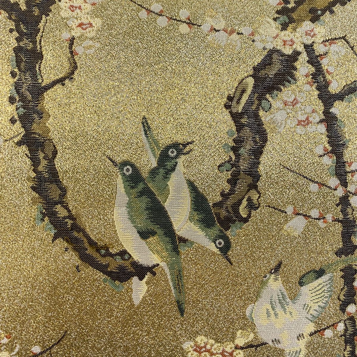 丸帯 日本の宝 枝梅 鳥 金糸 本金箔 金色 お太鼓柄 正絹