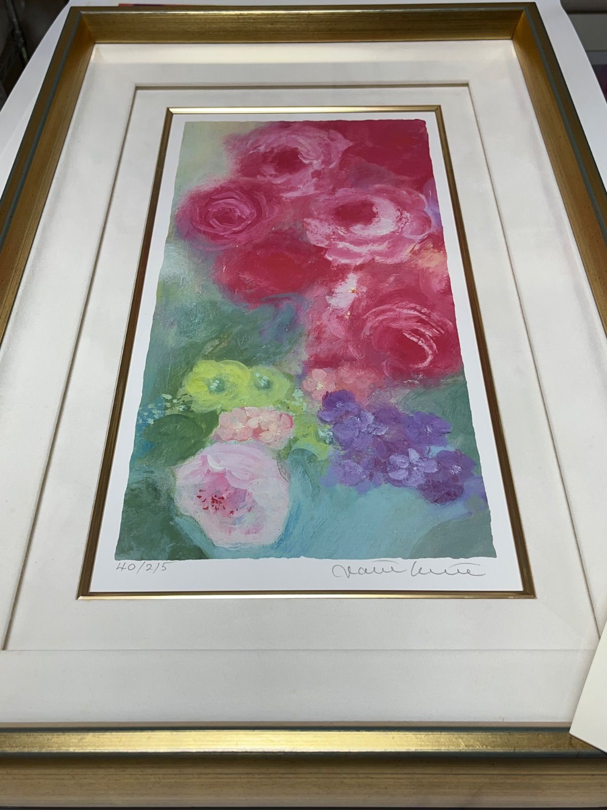 66×56 ジニー・キム　55枚限定　版画　額装済　サイン、ED、証明書付　バラ 額装済み版画 人気作品「午後のバラ」 ジニー・キム 直筆サイン