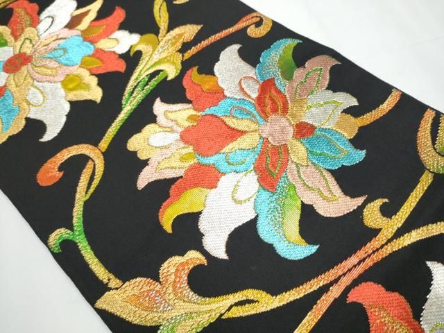 平和屋着物○六通柄 本袋帯 牡丹唐花 黒地 金銀糸 正絹 逸品