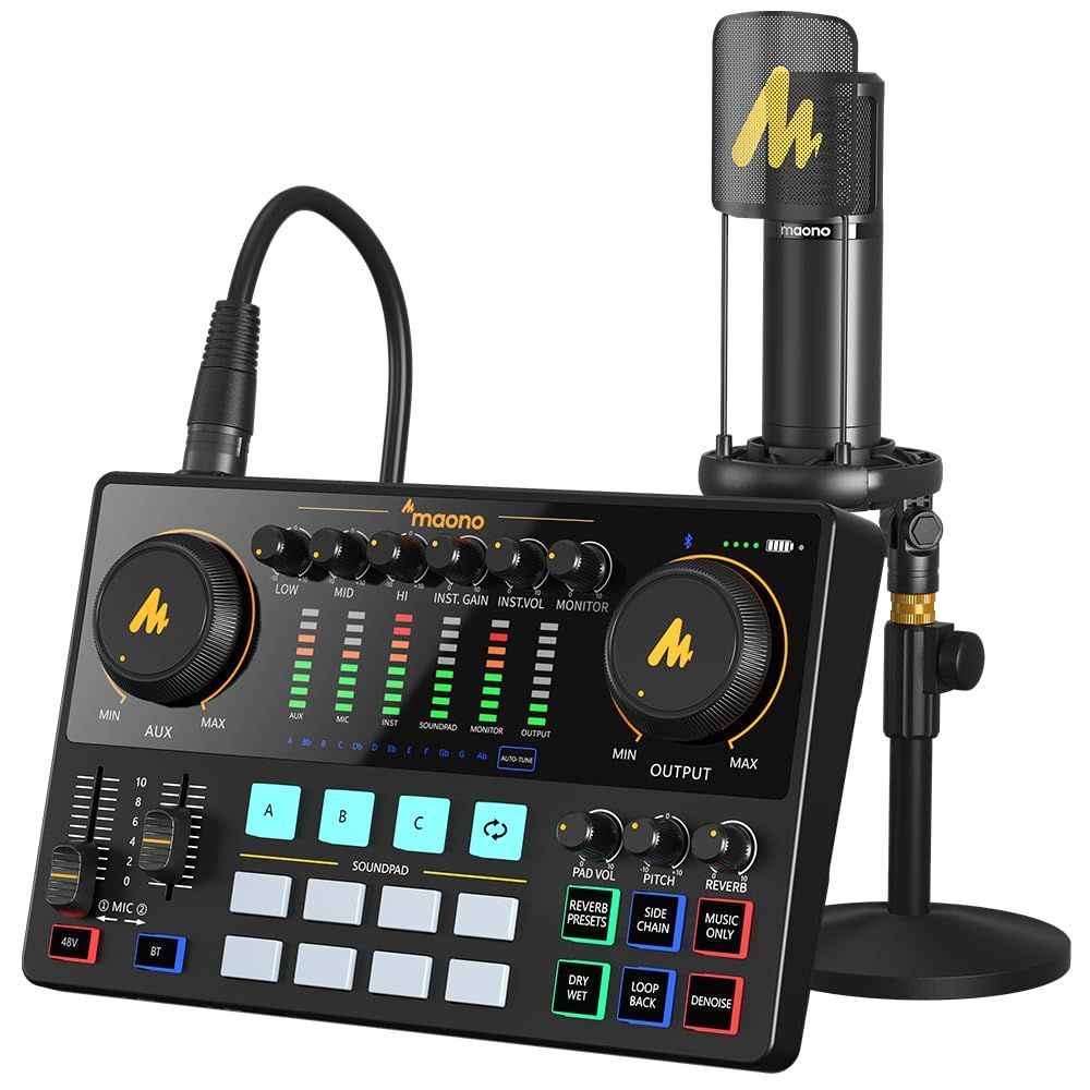 MAONO オーディオミキサー オーディオインターフェース Mixer ポッドキャストステレオミキサー XLR-XLR|3.5MM|6.35接続 ポータブルオールインワンポッドキャストセット コンパクト 配信機材 XLRマイク付属 YouTube Tiktok