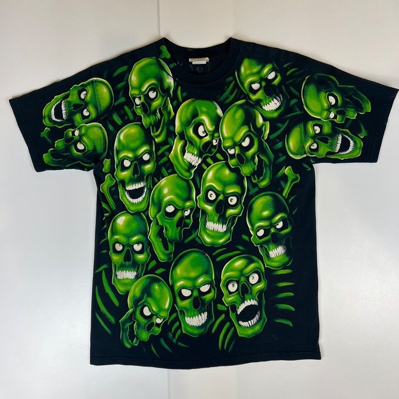 01年 LIQUID BLUE Skull Over 総柄 Print 黒緑 メンズ サイズ L 01年 LIQUID BLUE Skull Over 総柄 Print 黒緑 メンズ サイズ L