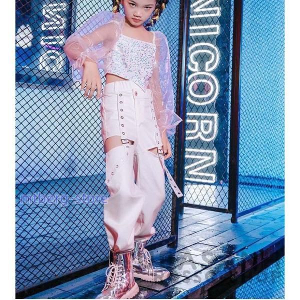 キッズ ダンス衣装 ガールズ ヒップホップ ジャズダンス 韓国 チアガール 応援団 ピンク 白 スパンコール メッシュ セット アップチア へそlwc321おすすめ注目lwc427定番人気lwc430