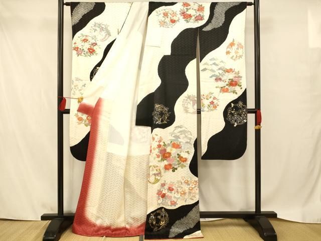 振袖 黒地 花柄刺繍 正絹 未仕立て 振袖 22点セット「Dear 墨黒 牡丹と藤花」仮絵羽