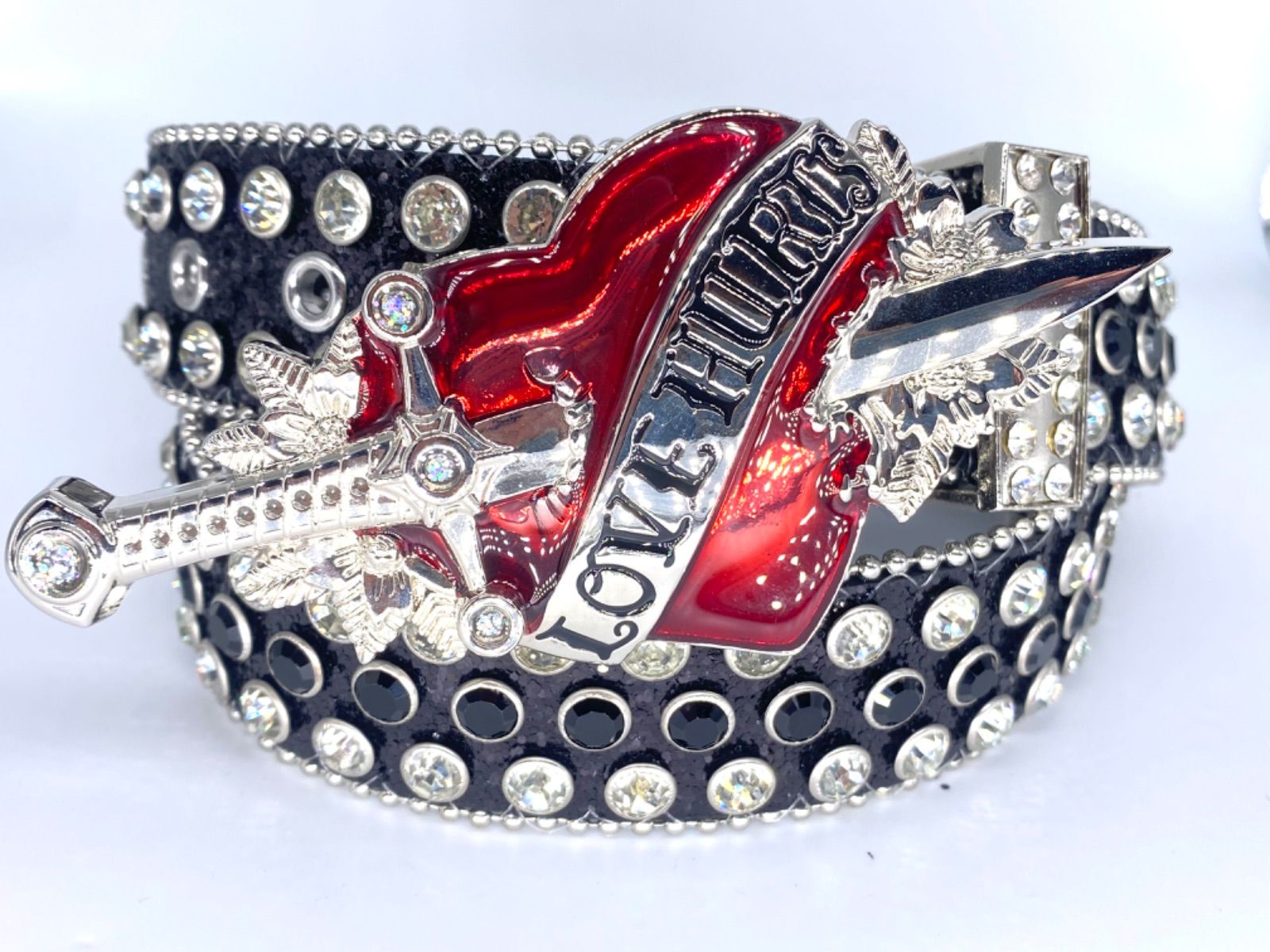 【セール価格】ハートバックル幅3.8 105cm/115cm ギラギラ　ウエスタンベルト　ブラック　LEX　メンズベルト　レディースベルト　カウボーイ　y2k アメカジ　古着　ラッパー　グランジ　プレゼント